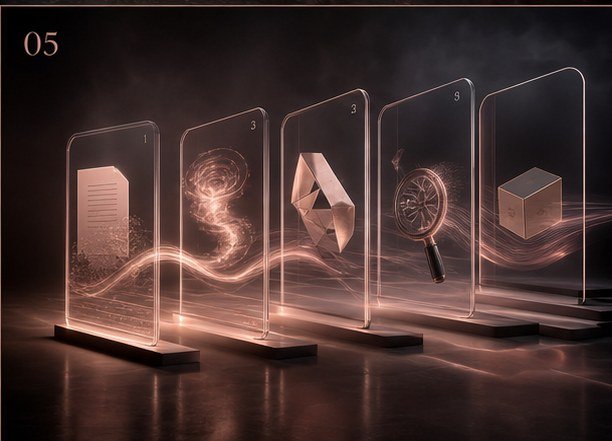 Creative process tunnel with glowing glass cards