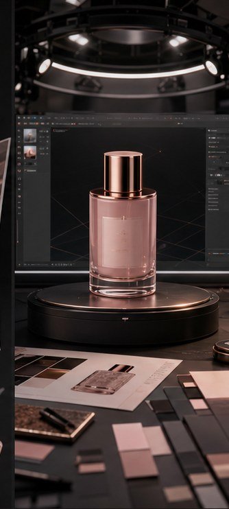 Product render laboratory with premium bottle and design sheets