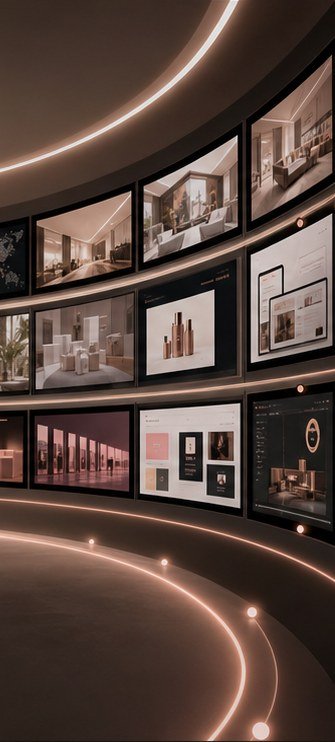 Curved portfolio wall with project thumbnails and website screens