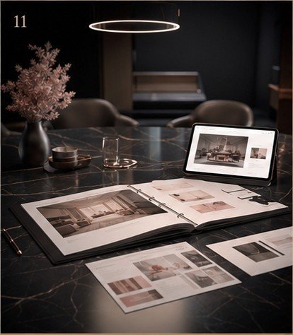 Premium client presentation table with proposal deck and tablet visuals