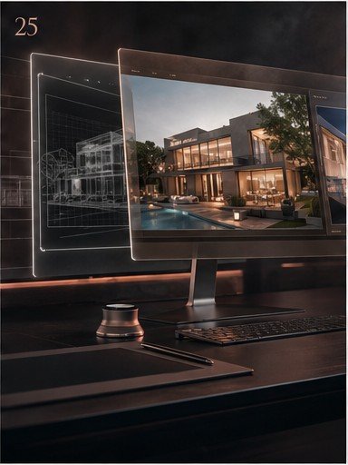 3D render review station with wireframe and final render
