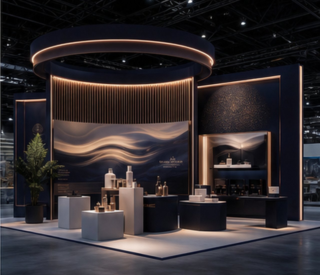 Exhibition stand visual system with plinths and brand walls