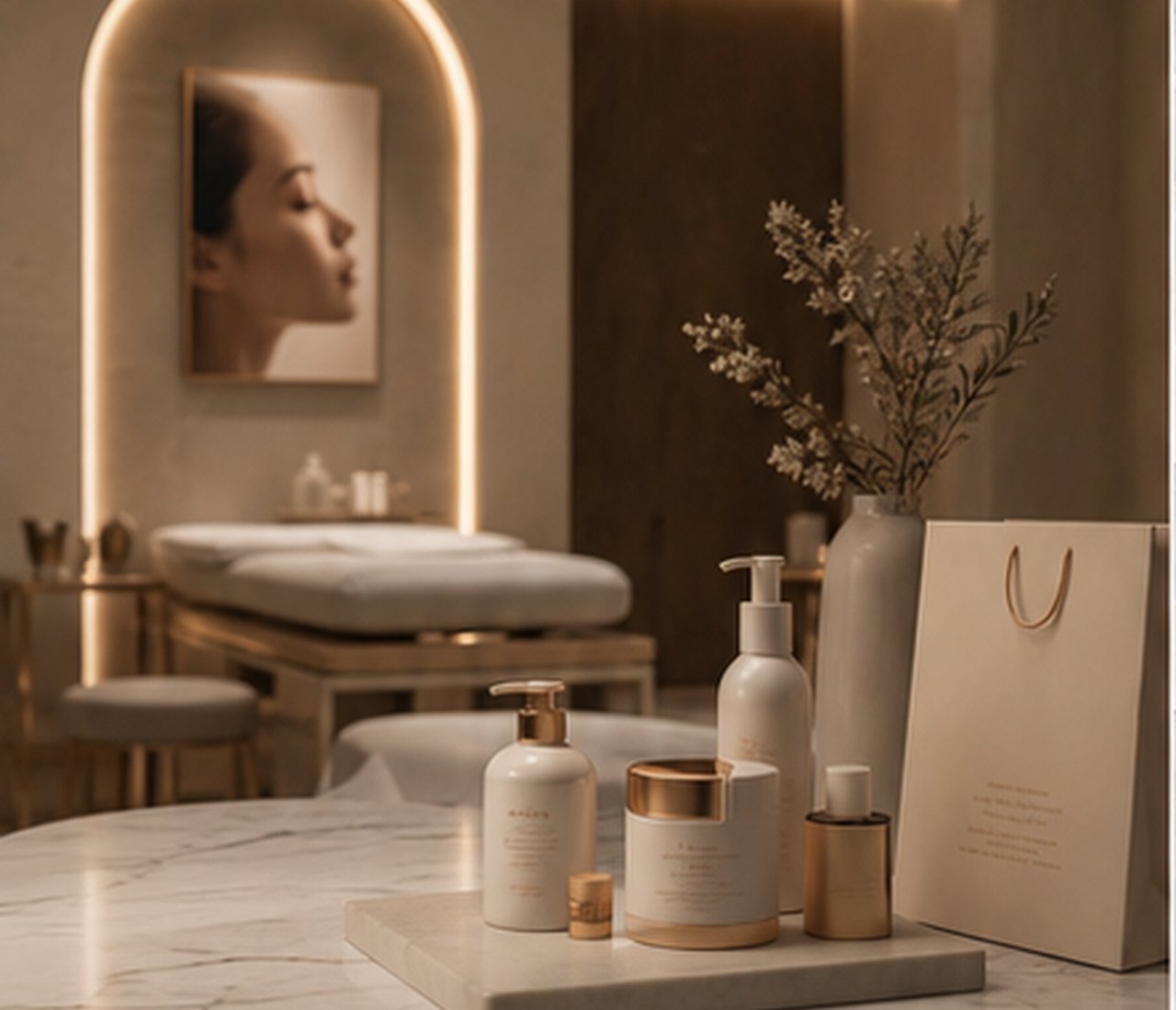 Beauty clinic and salon brand kit with packaging and interior mood