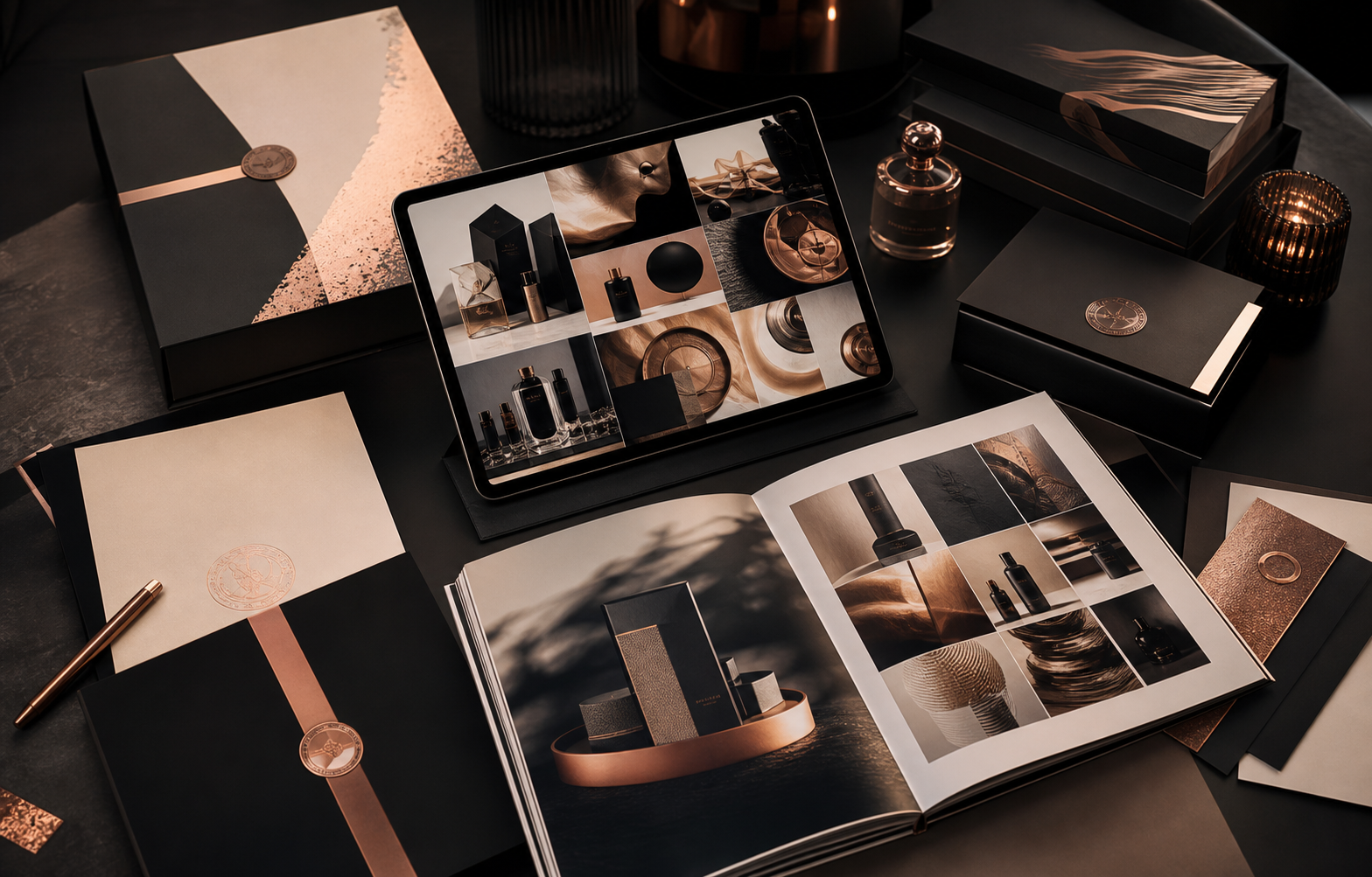 Premium product launch table with packaging, catalogue and digital presentation