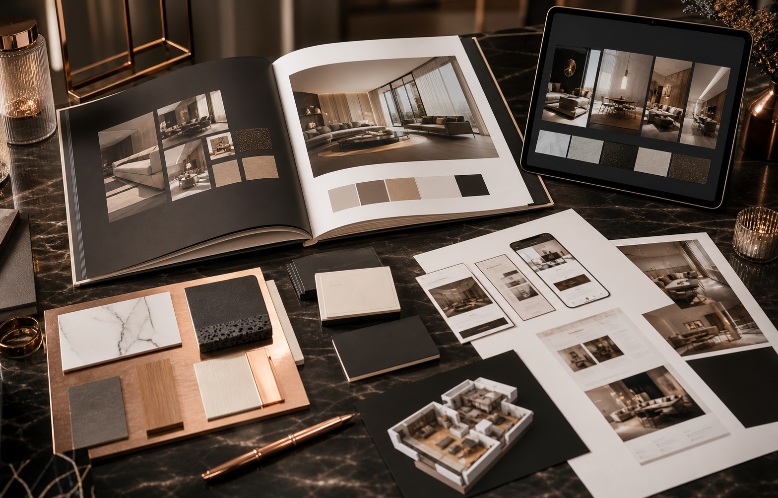 Premium interior and client presentation work table with materials and layouts